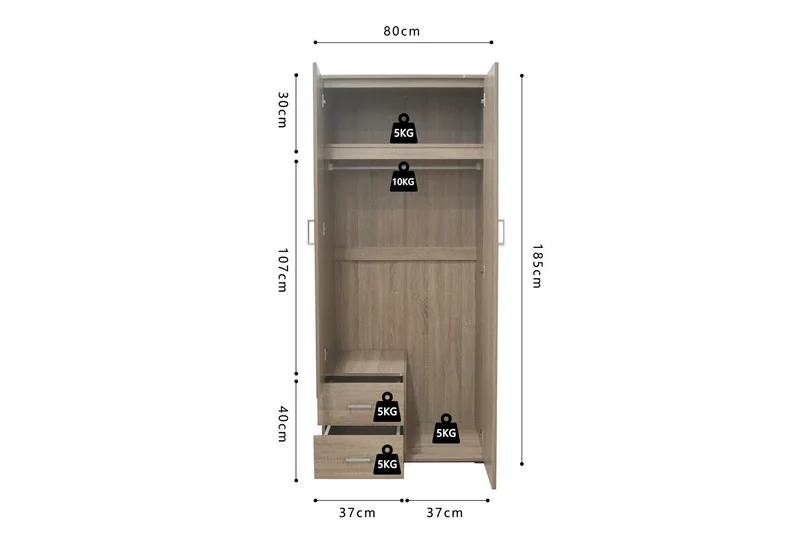 Armoire 2 portes avec miroir MARCO sonoma - 80 cm
