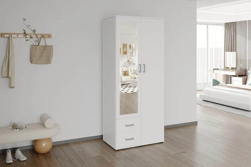 Armoire 2 portes avec miroir MARCO blanc - 80 cm