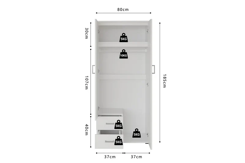 Armoire 2 portes avec miroir MARCO blanc - 80 cm