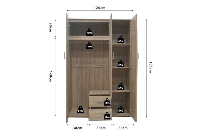 Armoire 3 portes avec miroir MARCO sonoma - 120 cm