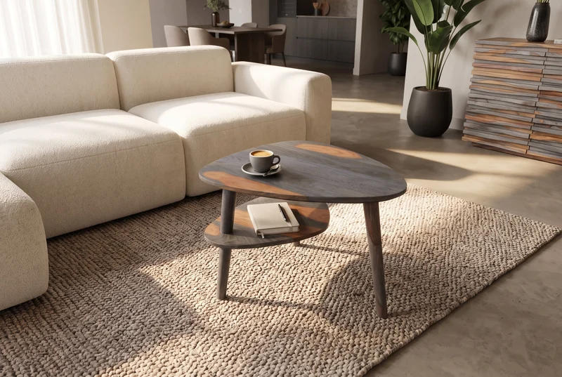 Table basse solide ORGANIC LIVING 55cm finition gris fumé en bois de Sesham deux niveaux