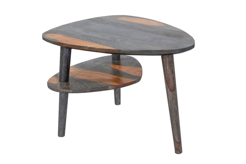 Table basse solide ORGANIC LIVING 55cm finition gris fumé en bois de Sesham deux niveaux