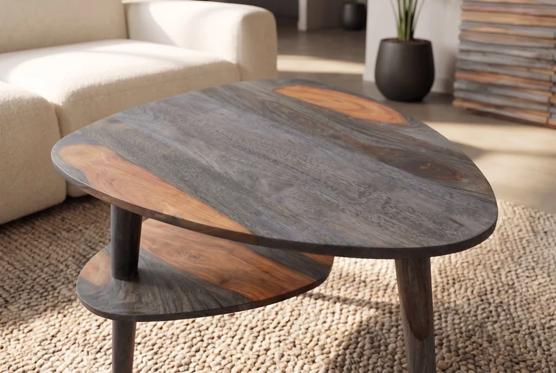 Table basse solide ORGANIC LIVING 55cm finition gris fumé en bois de Sesham deux niveaux