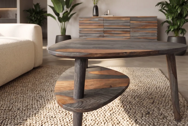 Table basse solide ORGANIC LIVING 55cm finition gris fumé en bois de Sesham deux niveaux