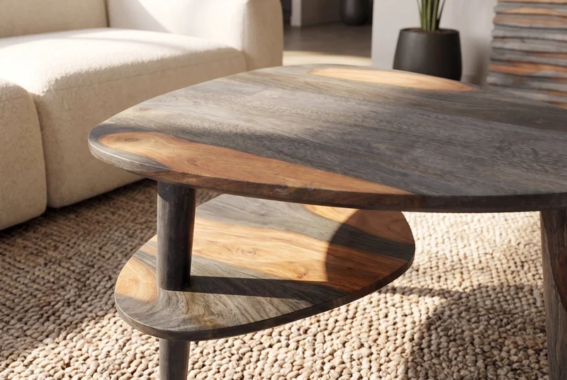 Table basse solide ORGANIC LIVING 55cm finition gris fumé en bois de Sesham deux niveaux