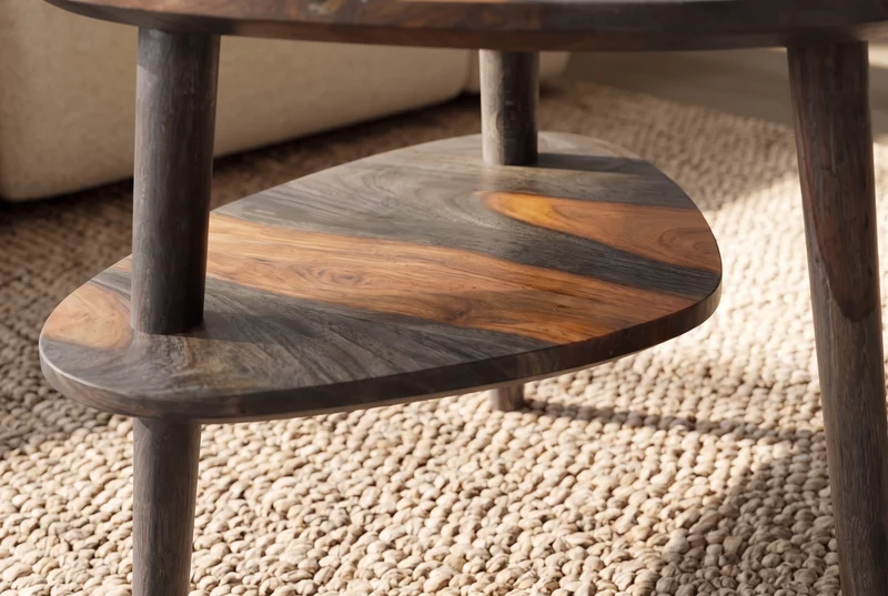Table basse solide ORGANIC LIVING 55cm finition gris fumé en bois de Sesham deux niveaux