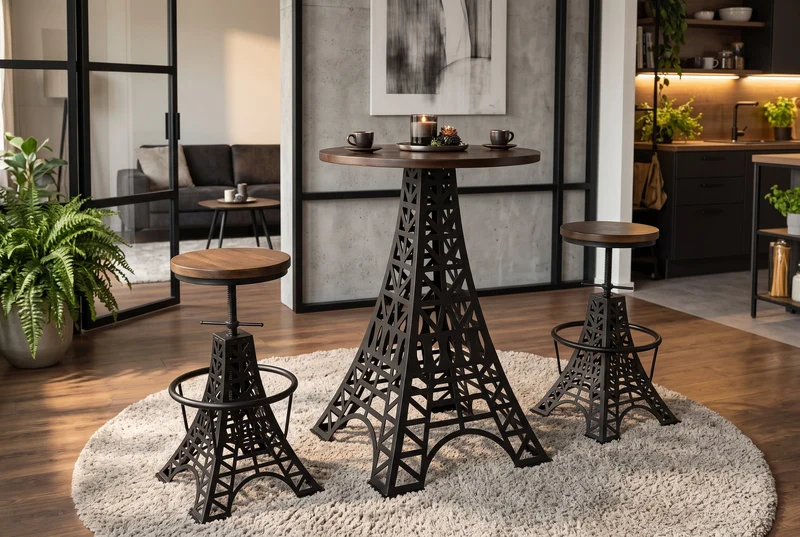 Table de bar ronde PARIS LOFT 105cm en manguier marron foncé design Tour Eiffel