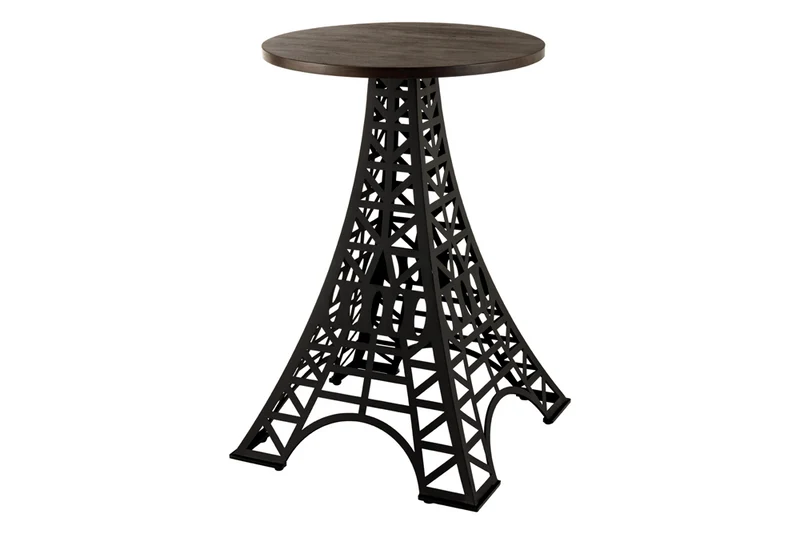 Table de bar ronde PARIS LOFT 105cm en manguier marron foncé design Tour Eiffel