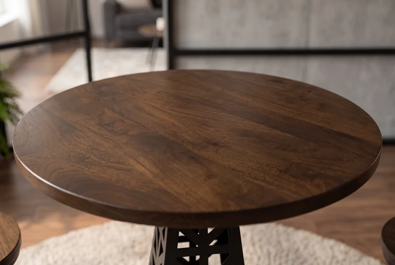 Table de bar ronde PARIS LOFT 105cm en manguier marron foncé design Tour Eiffel