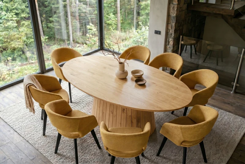 Table à manger ovale ART DECO 220cm en manguier massif beige finition crème avec piètement colonne