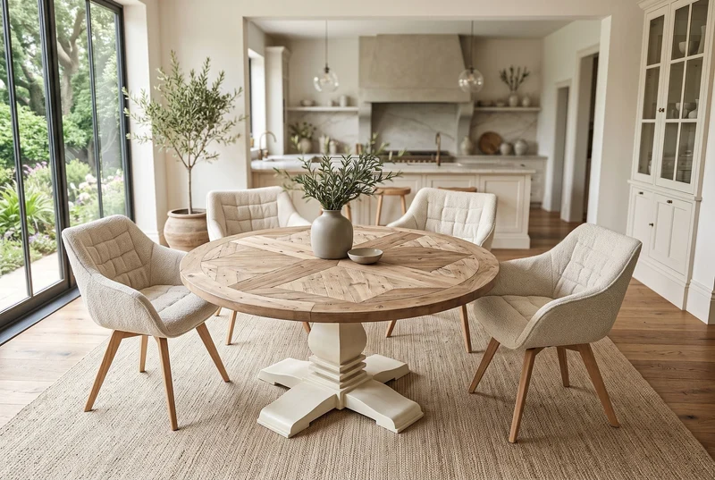 Table à manger ronde HAMPTONS 140cm marron clair crème bois de pin massif recyclé