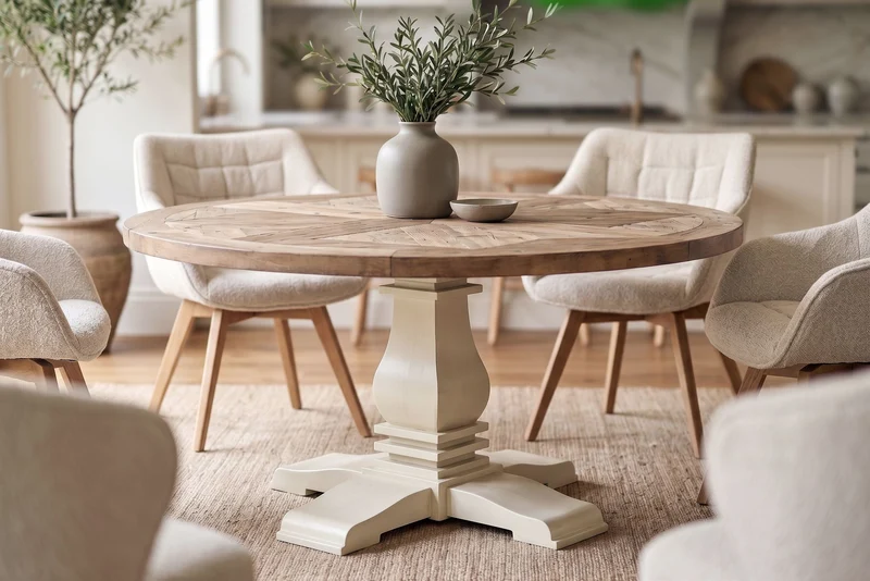 Table à manger ronde HAMPTONS 140cm marron clair crème bois de pin massif recyclé