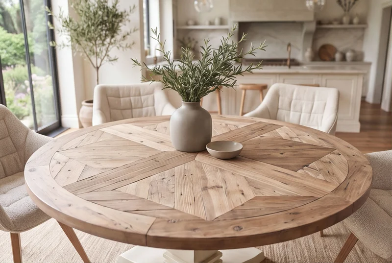 Table à manger ronde HAMPTONS 140cm marron clair crème bois de pin massif recyclé