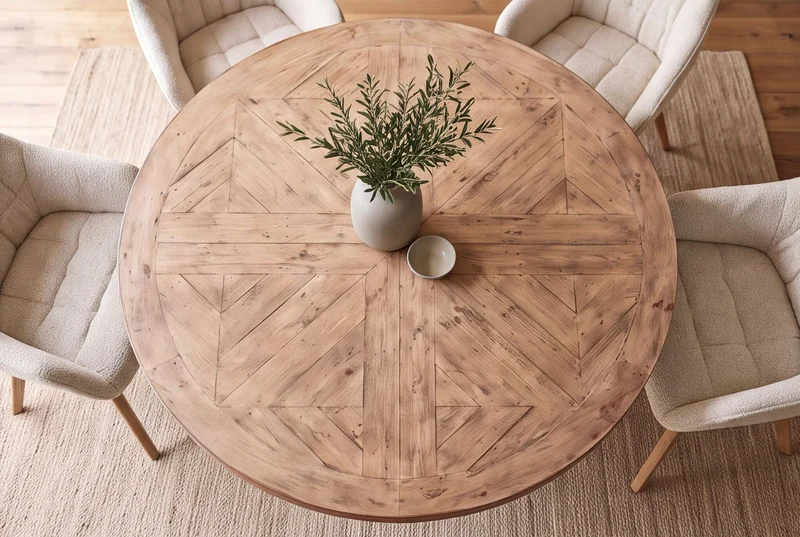 Table à manger ronde HAMPTONS 140cm marron clair crème bois de pin massif recyclé
