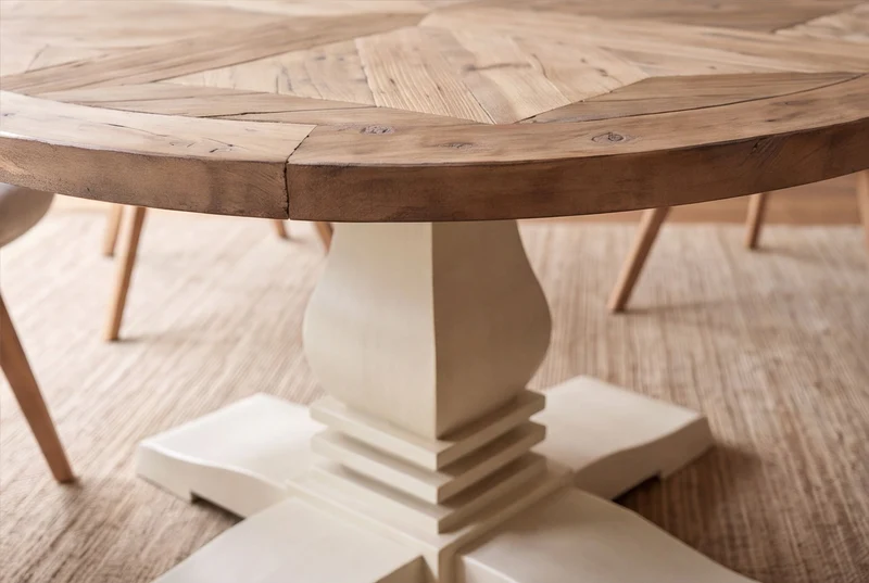 Table à manger ronde HAMPTONS 140cm marron clair crème bois de pin massif recyclé