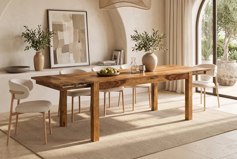 Table à manger en bois massif MAKASSAR 160-200-240cm finition pierre marron Sheesham extensible