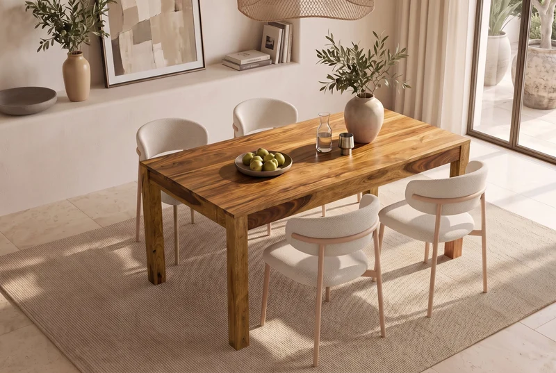 Table à manger en bois massif MAKASSAR 160-200-240cm finition pierre marron Sheesham extensible