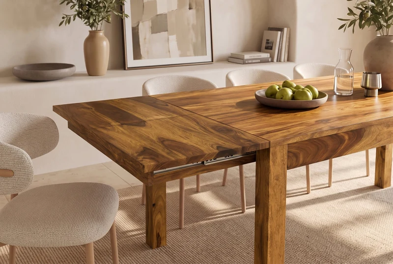 Table à manger en bois massif MAKASSAR 160-200-240cm finition pierre marron Sheesham extensible