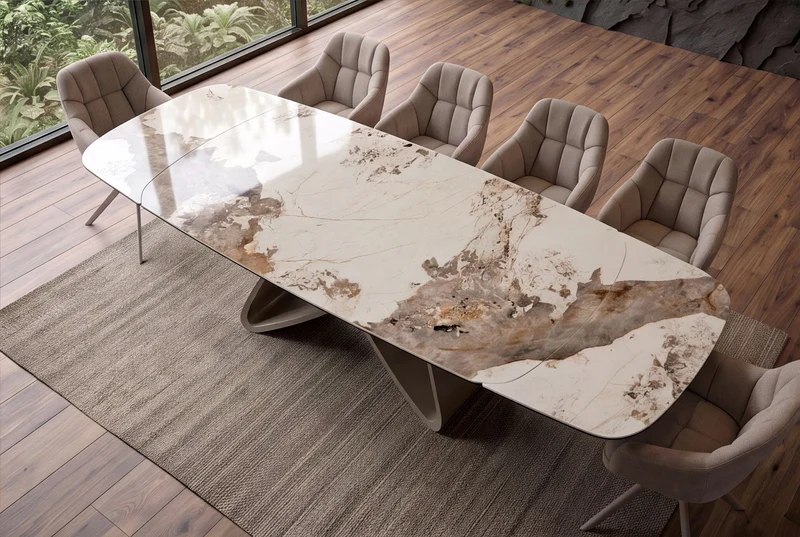 Table à manger extensible INFINITY 180-260cm blanc marron Pandora forme bateau en céramique