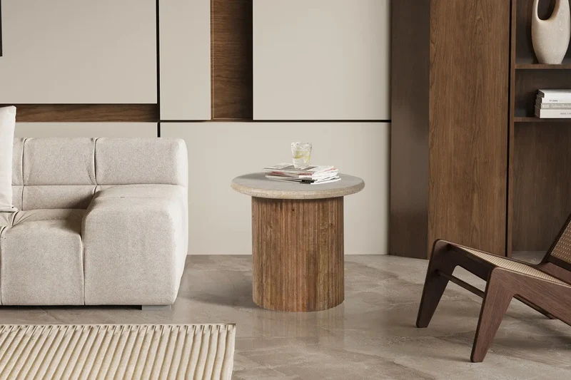 Table d'appoint Ronde en Bois de manguier avec plateau en travertin beige TAËL - 50 cm