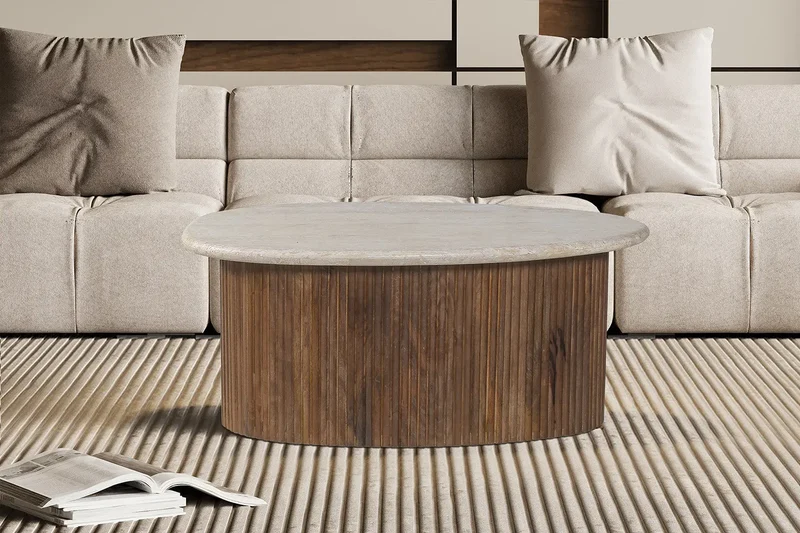 Table basse en Bois de manguier avec un plateau en Travertin Beige TAËL - 90 cm