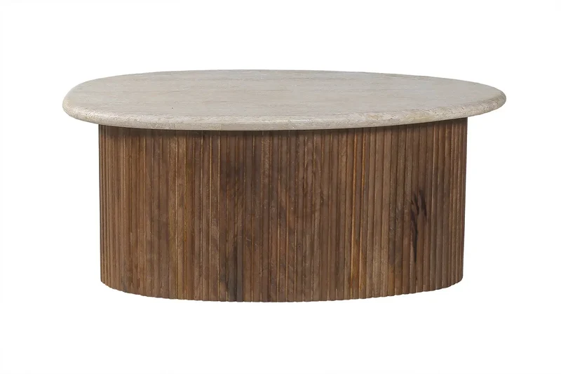 Table basse en Bois de manguier avec un plateau en Travertin Beige TAËL - 90 cm