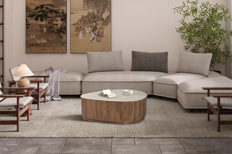 Table basse en Bois de manguier avec plateau en Travertin Beige ORYS - 100 cm