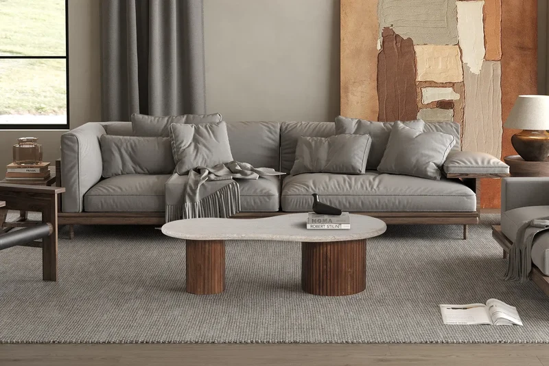 Table basse en Bois de manguier avec plateau en Travertin Beige MARLEY - 120 cm