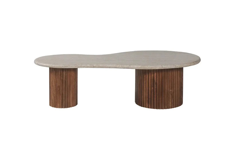 Table basse en Bois de manguier avec plateau en Travertin Beige MARLEY - 120 cm