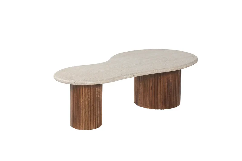 Table basse en Bois de manguier avec plateau en Travertin Beige MARLEY - 120 cm