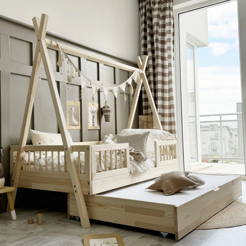 Lit simple tipi en bois avec barrière et tiroir, entrée centrale • Milie