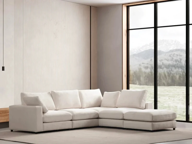 Canapé Julia Modulable Blanc Écru 4+1 Pouf - Velours