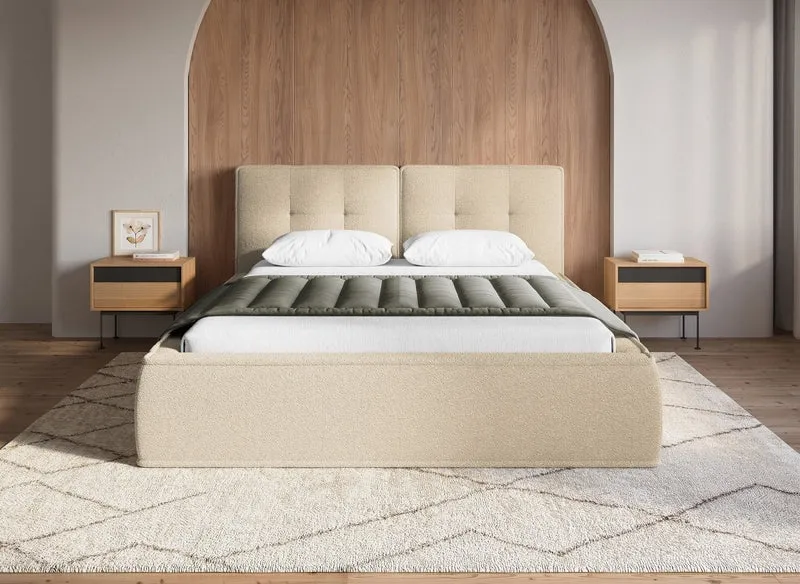 Lit coffre en tissu bouclette beige 140x190 cm YUNA