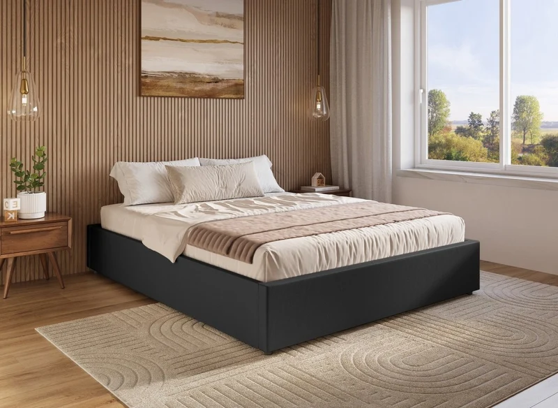 Lit sommier relevable avec coffre en simili cuir noir 160x200 cm LIZBAN