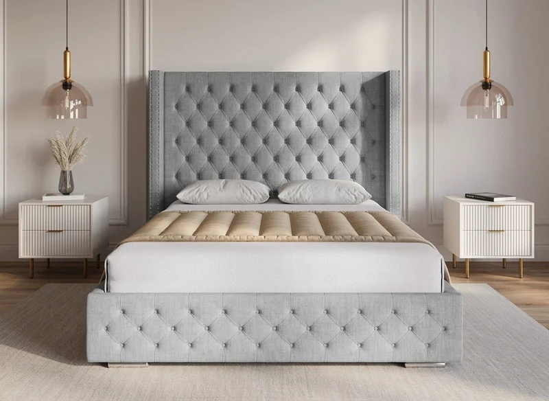Lit coffre en tissu lin gris 180x200 cm MAXI