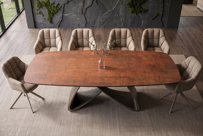 Table à manger extensible INFINITY 180-260cm forme bateau en céramique espagnole marron rouille