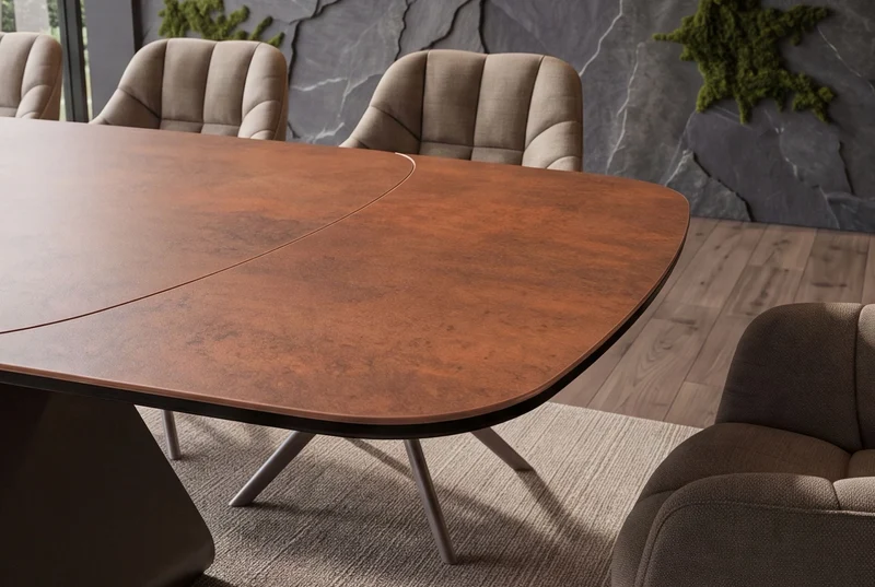 Table à manger extensible INFINITY 180-260cm forme bateau en céramique espagnole marron rouille