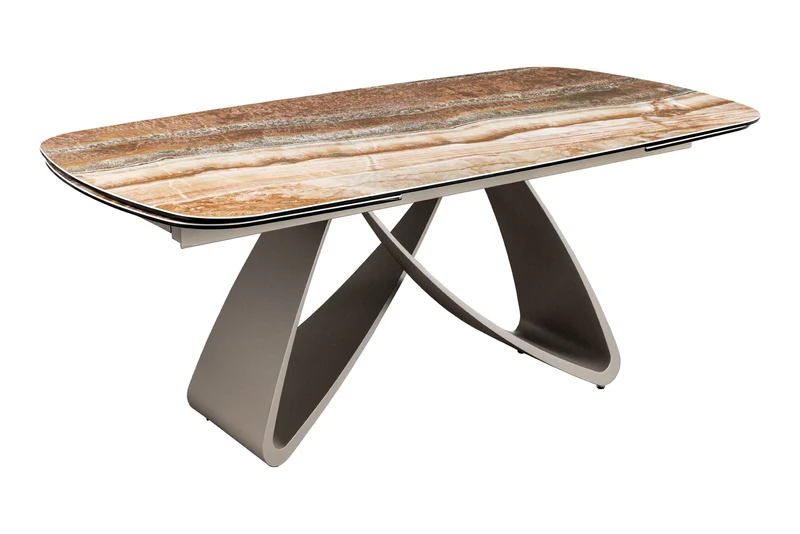 Table à manger extensible INFINITY 180-260cm beige rouille marron onyx marbre céramique forme bateau