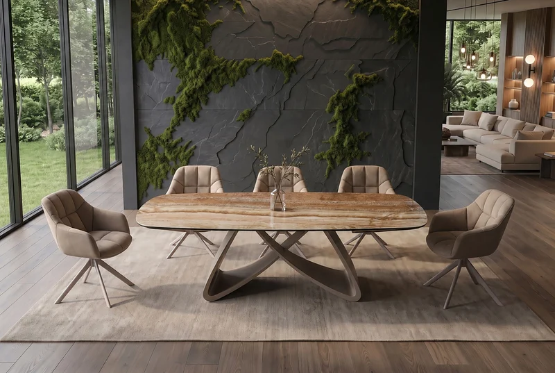 Table à manger extensible INFINITY 180-260cm beige rouille marron onyx marbre céramique forme bateau