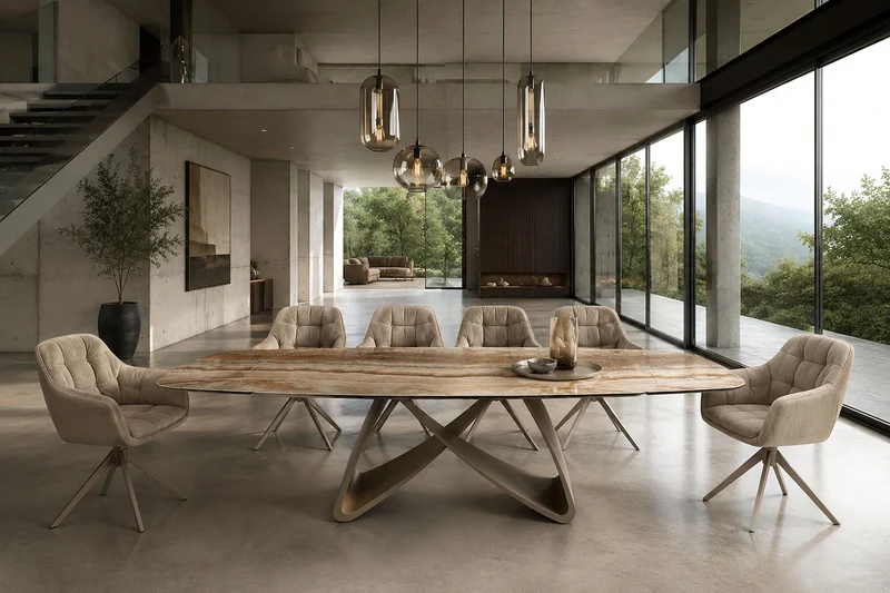 Table à manger extensible INFINITY 180-260cm beige rouille marron onyx marbre céramique forme bateau