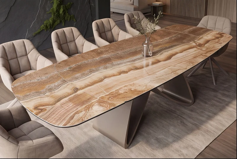Table à manger extensible INFINITY 180-260cm beige rouille marron onyx marbre céramique forme bateau