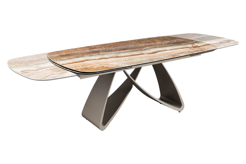 Table à manger extensible INFINITY 180-260cm beige rouille marron onyx marbre céramique forme bateau