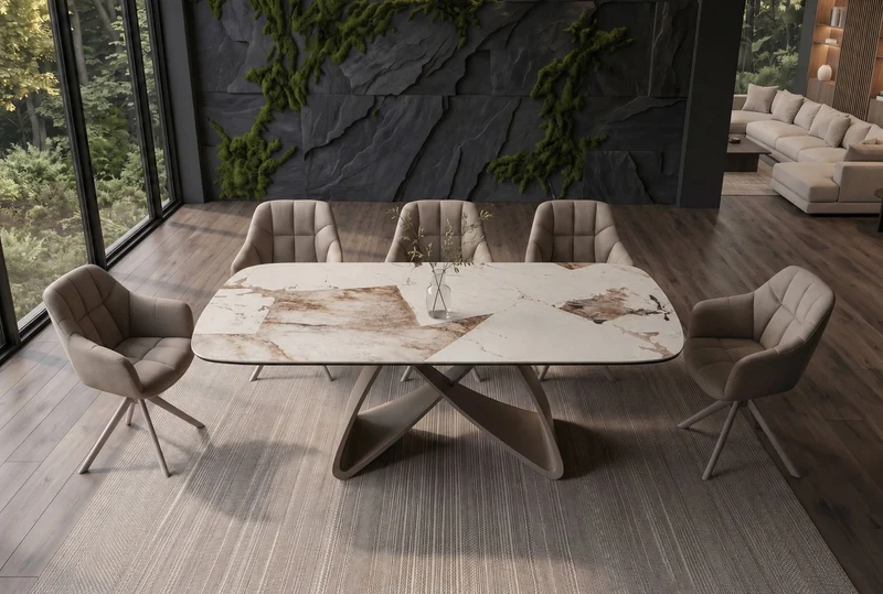 Table à manger extensible INFINITY 180-260cm forme bateau en céramique Patagonia blanc marron