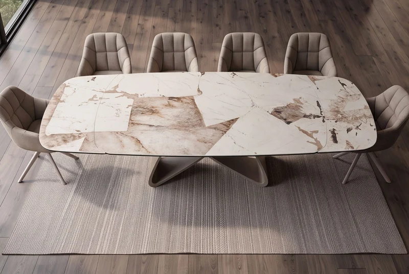 Table à manger extensible INFINITY 180-260cm forme bateau en céramique Patagonia blanc marron