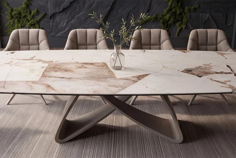 Table à manger extensible INFINITY 180-260cm forme bateau en céramique Patagonia blanc marron