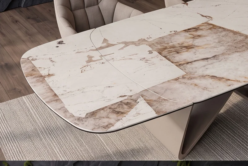Table à manger extensible INFINITY 180-260cm forme bateau en céramique Patagonia blanc marron