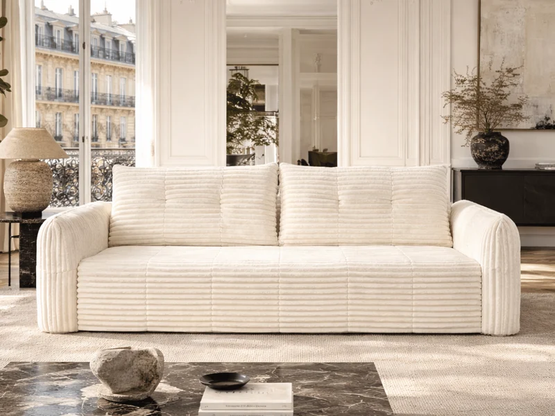 Canapé 3/4 places en velours côtelé épais – Confort haute densité 35 kg – Beige – MILO