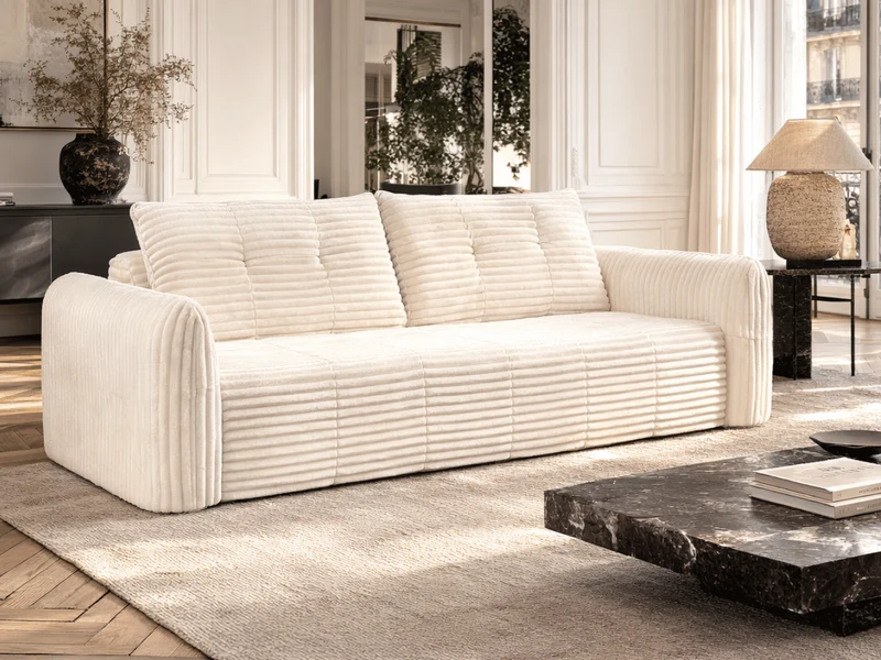 Canapé 3/4 places en velours côtelé épais – Confort haute densité 35 kg – Beige – MILO
