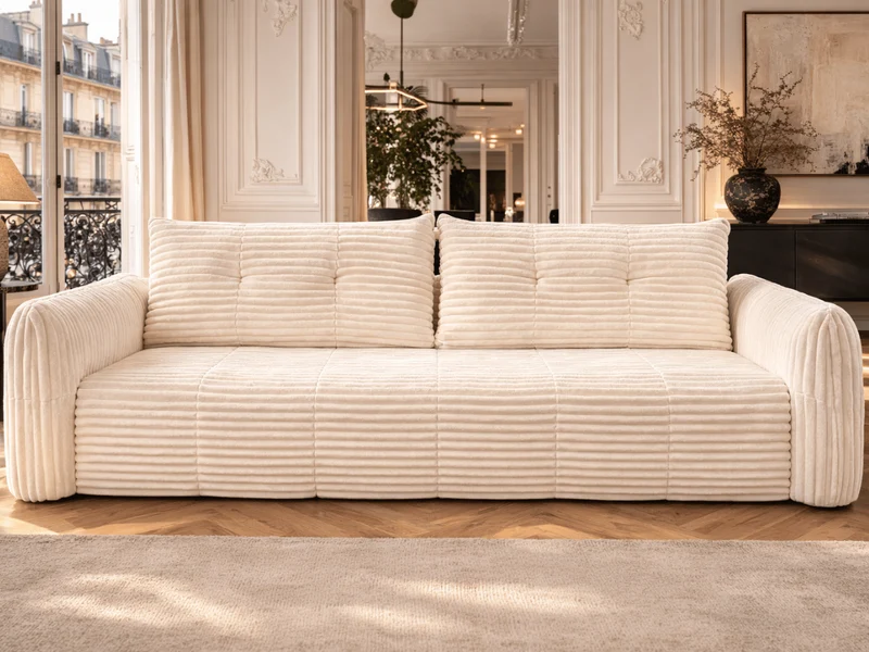 Canapé 3/4 places en velours côtelé épais – Confort haute densité 35 kg – Beige – MILO