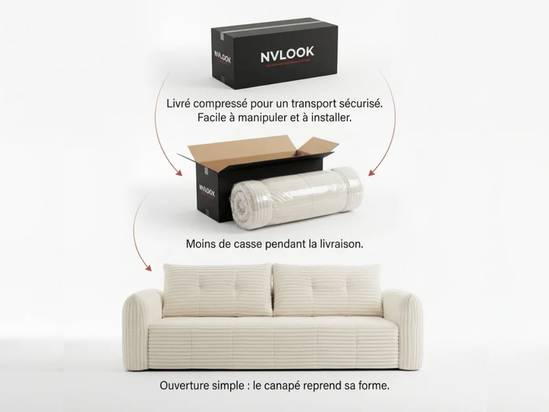 Canapé 3/4 places en velours côtelé épais – Confort haute densité 35 kg – Beige – MILO